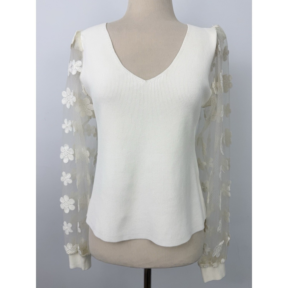 DOLAN Sheer Sleeve Applique SWEATER Top M Anthropologie 3D Cream Feminine Fairy - Picture 6 of 15